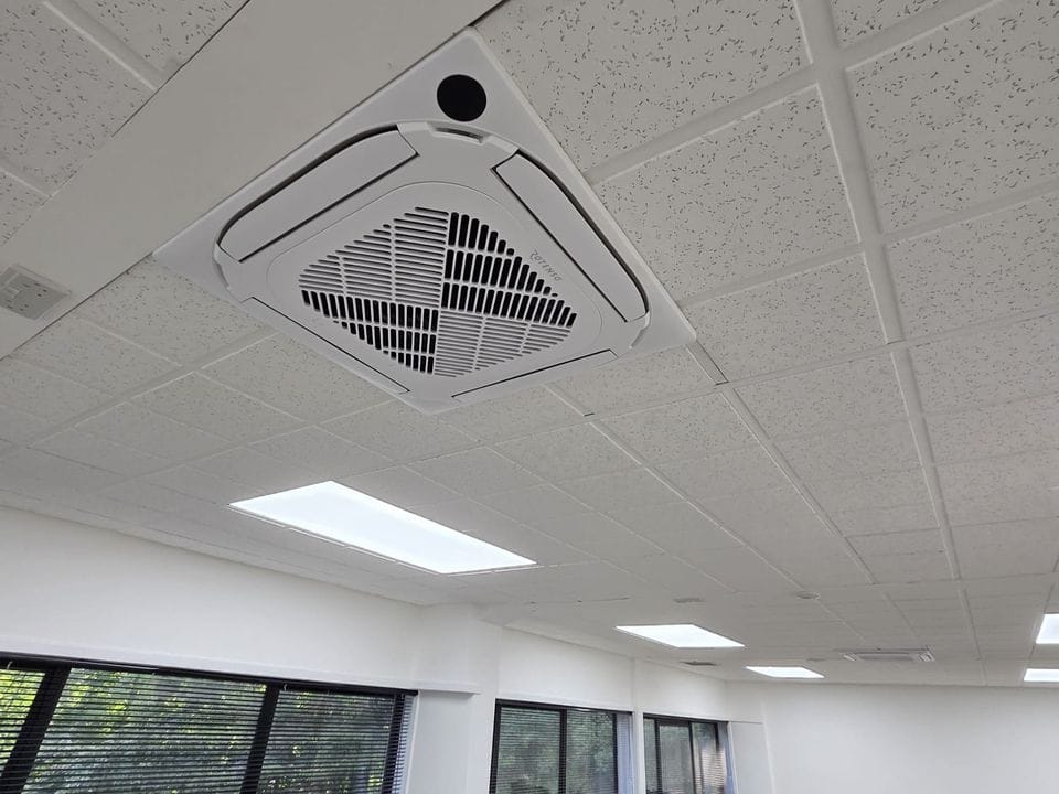 Rotenso cassette unit set into the suspended ceiling of an open-plan office